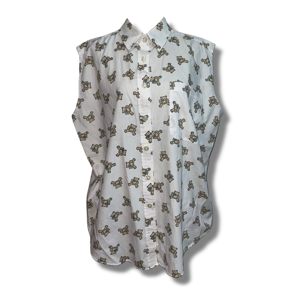 Vintage Teddy Bear Print Button Down Sleeveless Shirt
